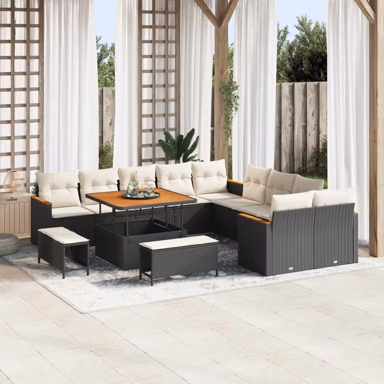 Set Divano da Giardino vidaXL 13 Pezzi in Polyrattan Nero con Cuscini e Tavolino