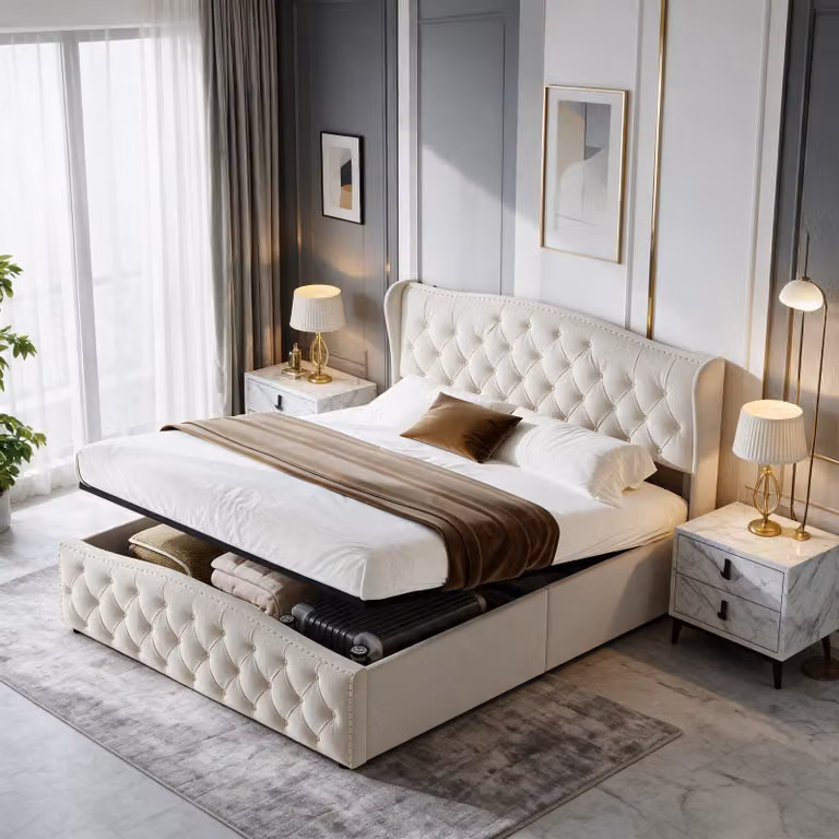 Letto imbottito INONEFT, 160x200 cm, con spazio contenitore, letto per ragazzi con cassone a sollevamento idraulico, letto matrimoniale con rete a doghe, rivestito in velluto, senza materasso, color beige