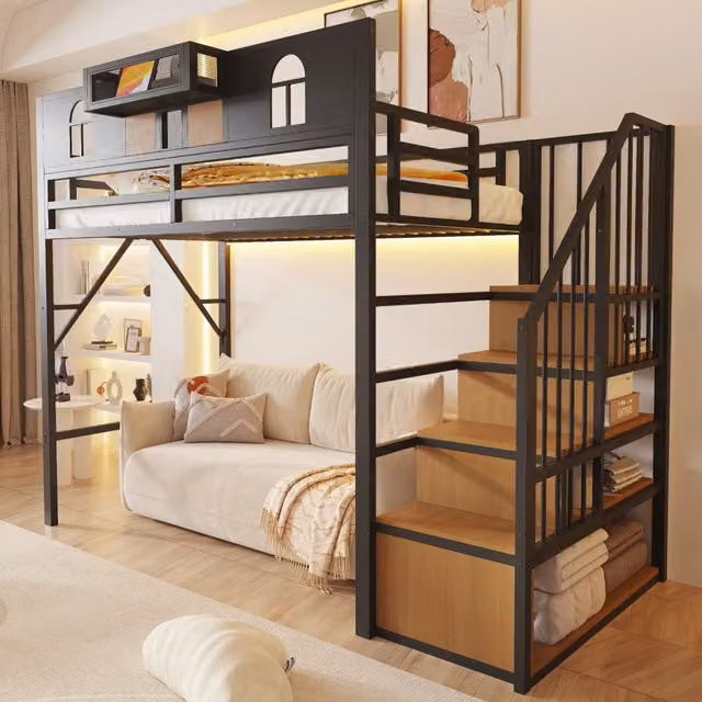 Letto a soppalco in metallo 90x200 cm con scala contenitore e luce; nero