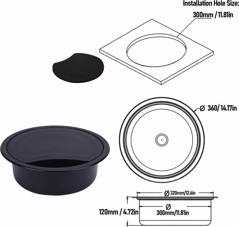 Lavello da bar in acciaio inossidabile, 14,17 x 4,72 pollici, lavello da cucina rotondo con scarico di 40 mm e copertura per barche, campeggio, veicoli, camper, camion
