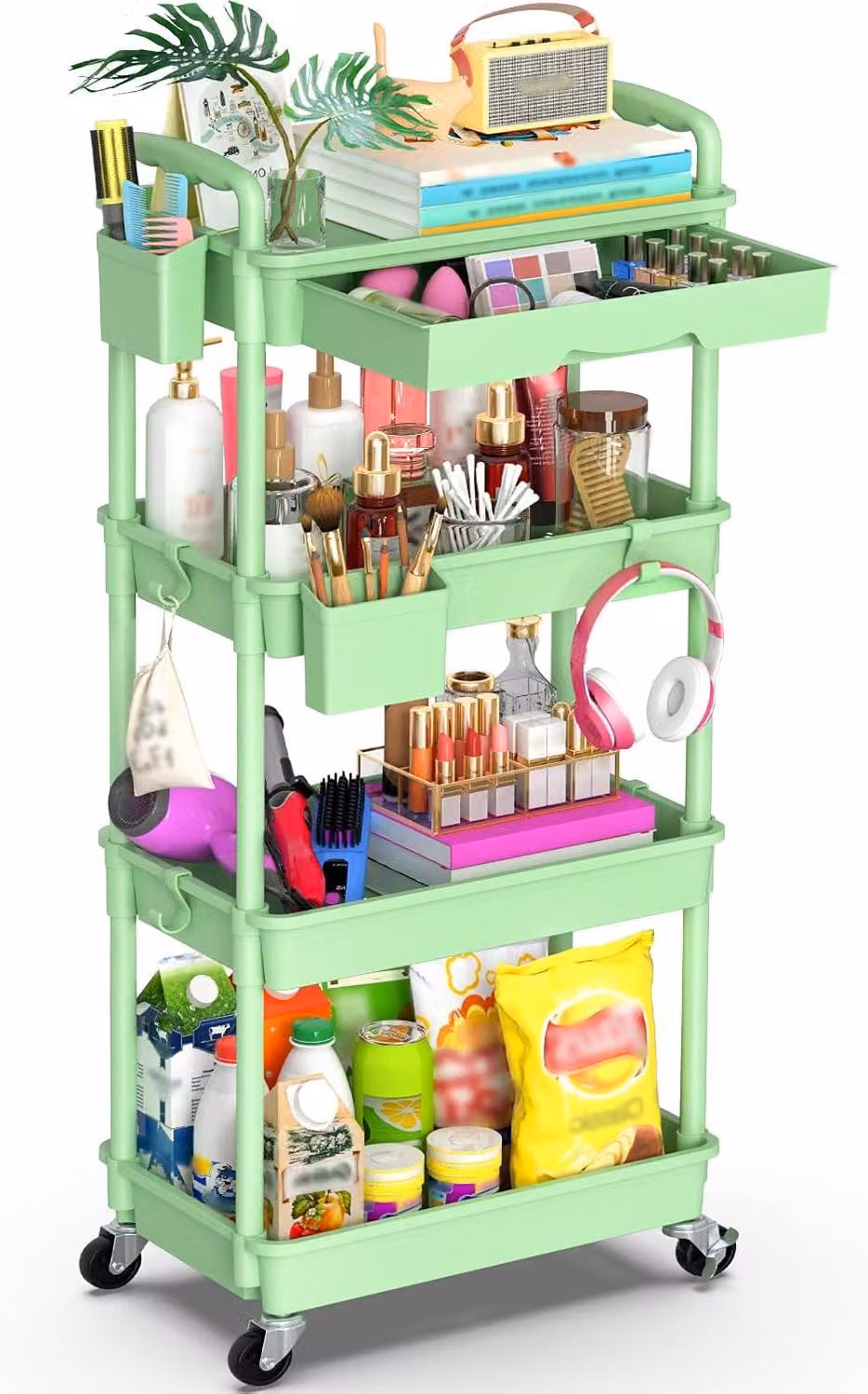 Carrello portaugenti a 4 ripiani, con cassetto, verde, per cucina e ufficio