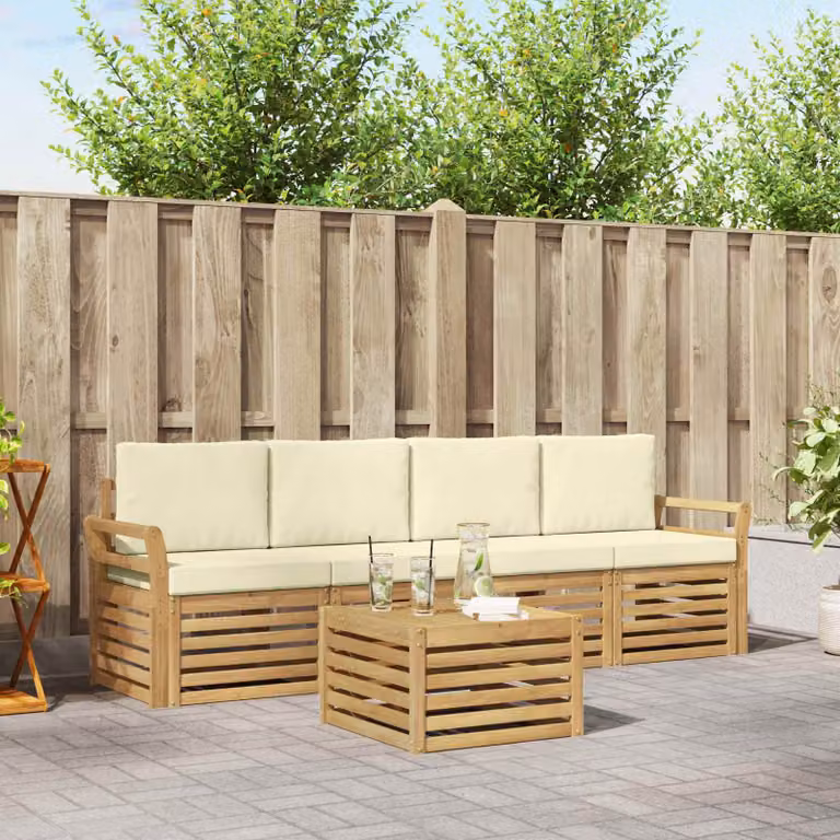 Set da giardino moderno vidaXL composto da divano a 3 posti, poltrone e tavolino da caffè in legno di acacia trattato con cuscini inclusi, colori bianco e beige