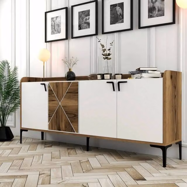 Credenza da soggiorno Also DMORA in legno e metallo, base moderna per TV, L 180 cm x P 35 cm x H 78 cm, Bianco – 1