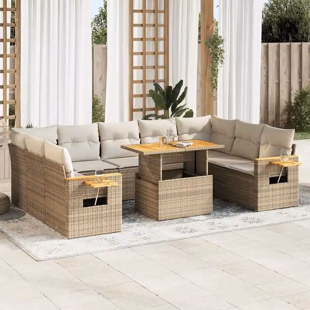Set da giardino a forma di U vidaXL composto da 10 pezzi in polyrattan e legno di acacia con cuscini beige e tavolino da esterno – 1