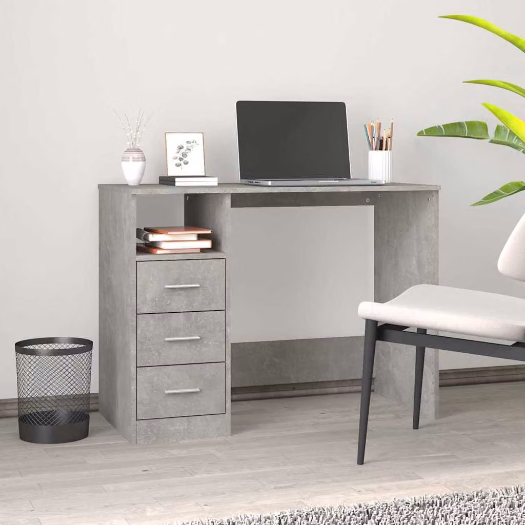Scrivania moderna vidaXL con cassettiera in legno multistrato e MDF, colore grigio cemento, L 102 x P 50 x H 76 cm