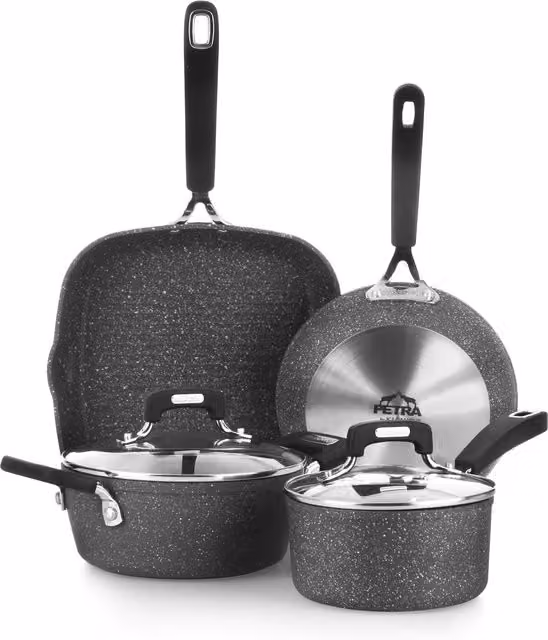 Set di pentole e padelle Kasanova New Petra Dark da 6 pezzi con rivestimento antiaderente per induzione, colori nero e grigio