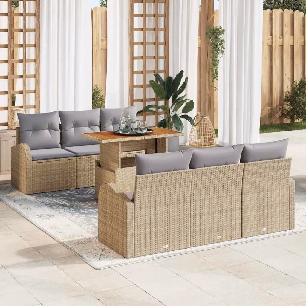 Set Divano da Giardino vidaXL in Polyrattan Beige con 7 Pezzi e Cuscini Inclusi – 1