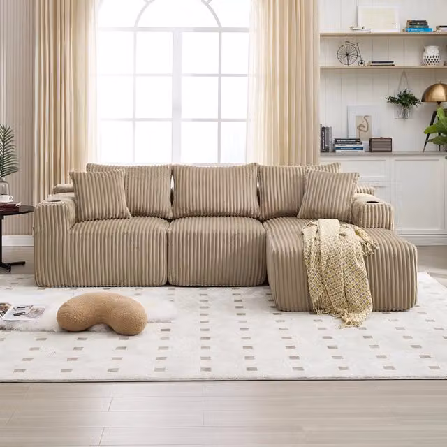 Divano Modulare L Shape REDOM in Velluto a Costine Beige con Chaise Longue e 2 Posti L/P/H: 257 x 160 x 62 cm