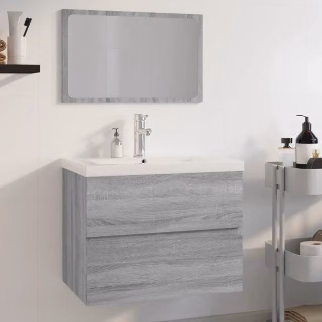 Set di mobili da bagno moderno vidaXL con mobile sottolavabo e armadietto specchio in bianco e grigio, montaggio a parete