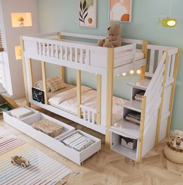 Letto a castello per bambini 90x200 cm bianco/naturale con scala contenitore e 3 cassetti