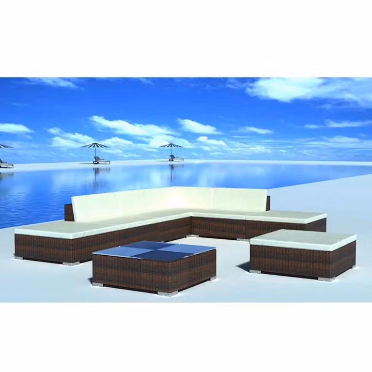 Set Divani da Giardino vidaXL 8 pz con Cuscini, Tavolino e Ottoman, Design Moderno a L, Marrone e Bianco