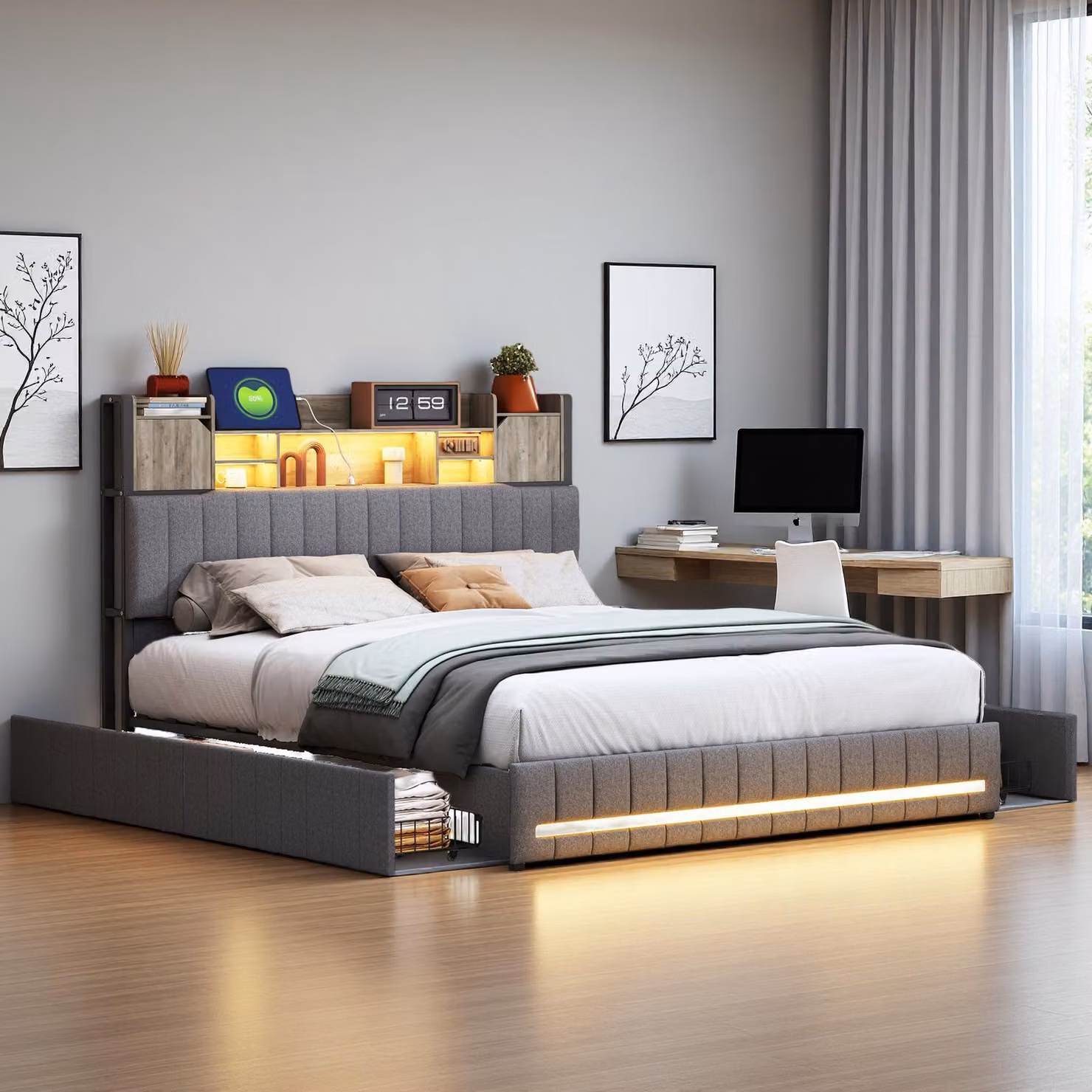 Letto imbottito Fortuna Lai 160x200 cm con 4 cassetti, testata con illuminazione a LED e porte di ricarica USB, rete a doghe, rivestimento in lino grigio, per adulti