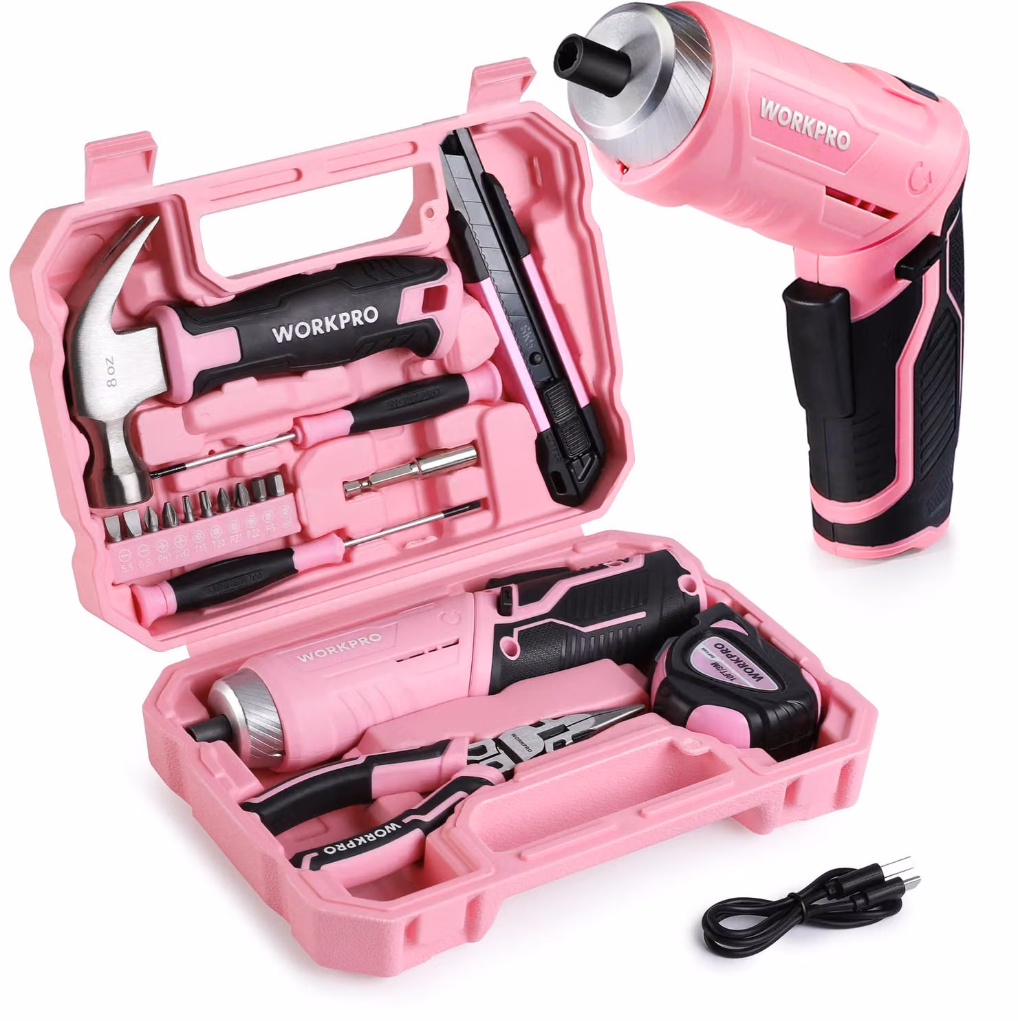Set di utensili WORKPRO, rosa, 18 pezzi, con avvitatore a batteria USB-C compatto, di colore rosa