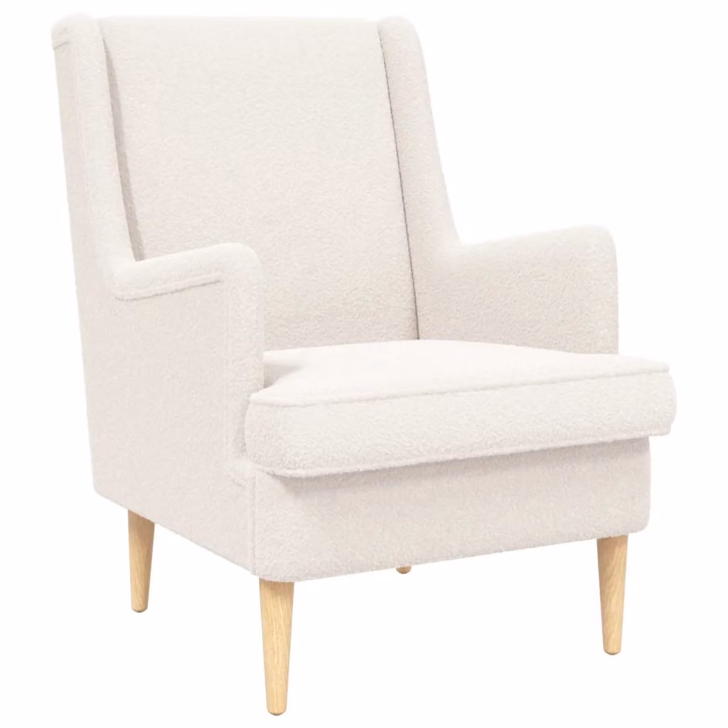 Poltrona moderna in tessuto bouclé color crema con braccioli e struttura in legno e metallo – 2