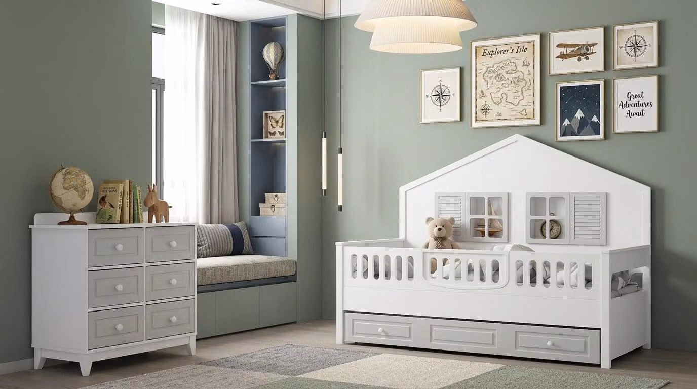 Set per cameretta in stile scandinavo: lettino e cassettiera