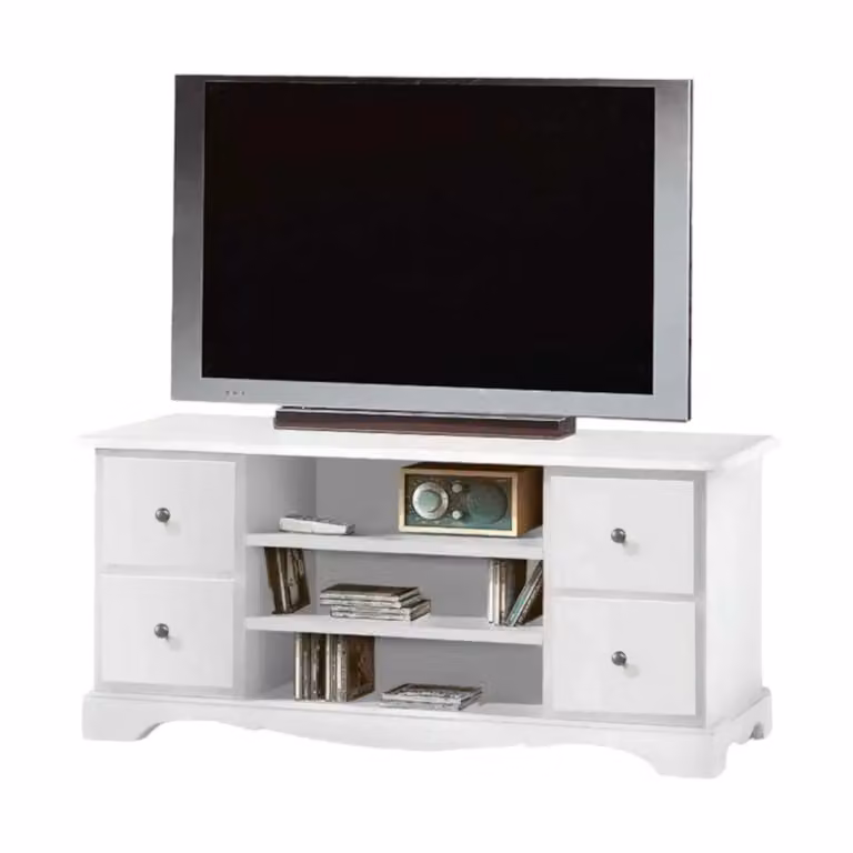 Porta TV Mobili2G in legno stile shabby chic bianco con 4 cassetti L: 117 cm, P: 49 cm, H: 53 cm