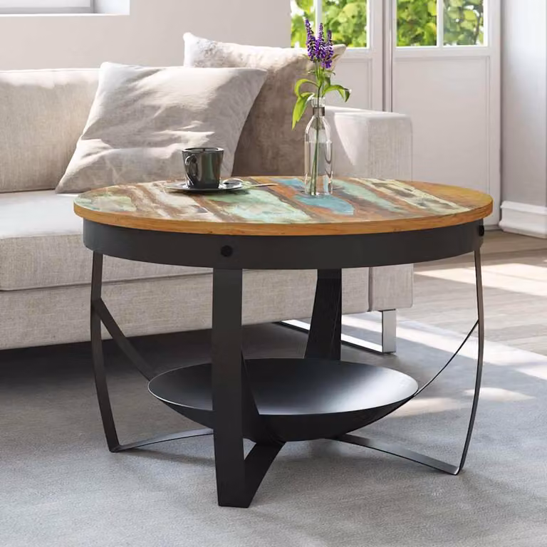 vidaXL Tavolino da Salotto Rotondo in Legno di Teak e Mango con Base in Metallo, Stile Industrial, Diametro: 68 cm, Altezza: 43 cm