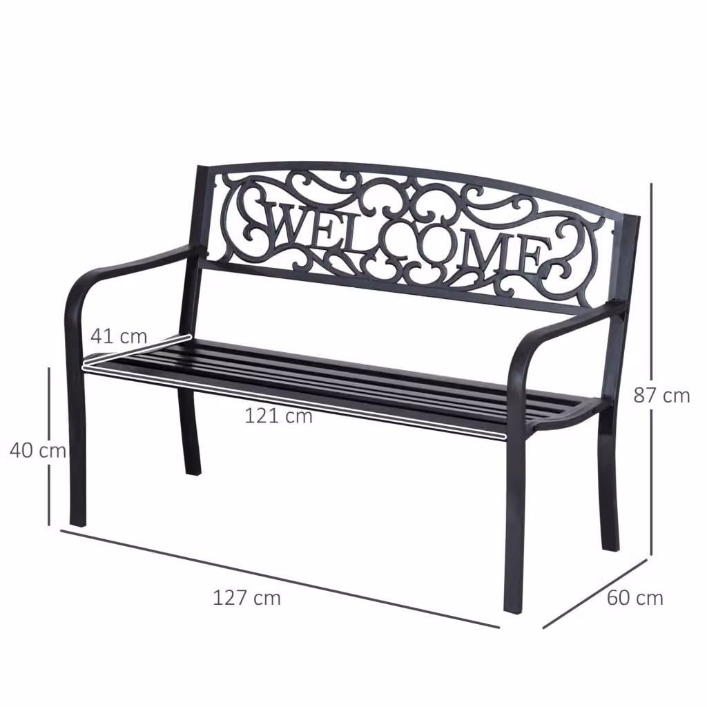 Panchina da giardino a 2 posti REDOM in metallo nero con braccioli L/P/H: 127 x 60 x 87 cm – 2
