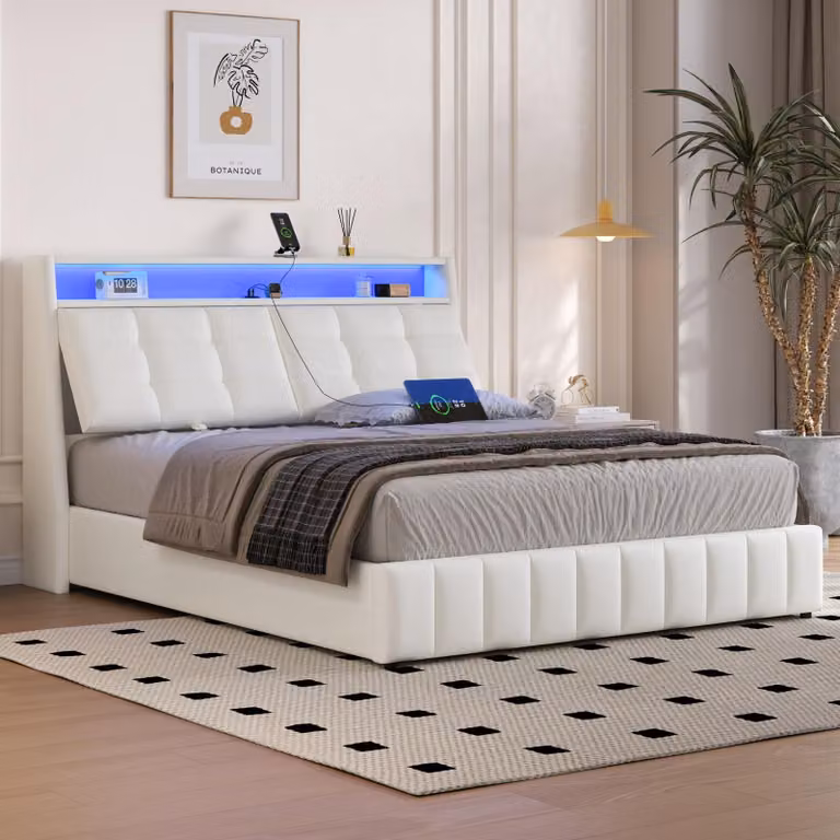 MODFU letti imbottiti senza materasso 160x200 con cuscini regolabili per la testata e luce LED, letto matrimoniale di design con connessione USB, bianco