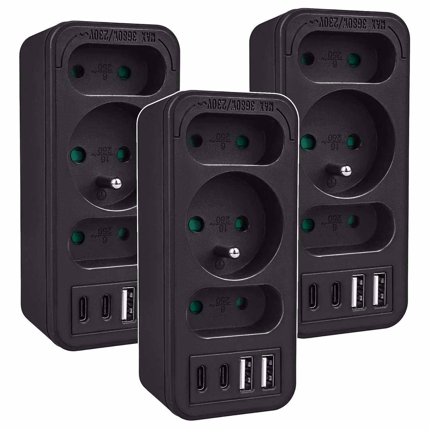 Connessione di alimentazione x3 + 4xUSB Distributore Maclean a 3 prese 2xUSB A 2xUSB C PD 20W 1x16A + 2x6A MCE248 F/B 3 pezzi