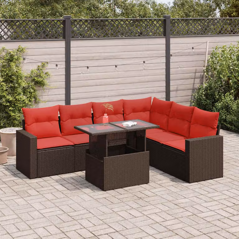 Set da giardino vidaXL in polyrattan e legno di acacia con 7 pezzi, divano ad angolo con cuscini e tavolino da esterno, grigio
