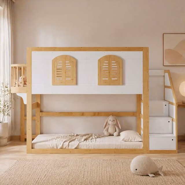 Letto a soppalco per bambini 90 × 200 cm con scala contenitore, area gioco e finestre, senza materasso, bianco naturale