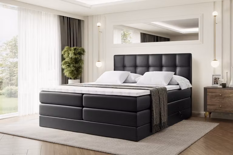 Letto boxspring ALTDECOR con 2 materassi e topper - 160x200 cm - MARCE KING - Pelle finta nera - Letto imbottito con materassi H3 e H4, contenitore e rete a doghe, letto con spazio contenitivo