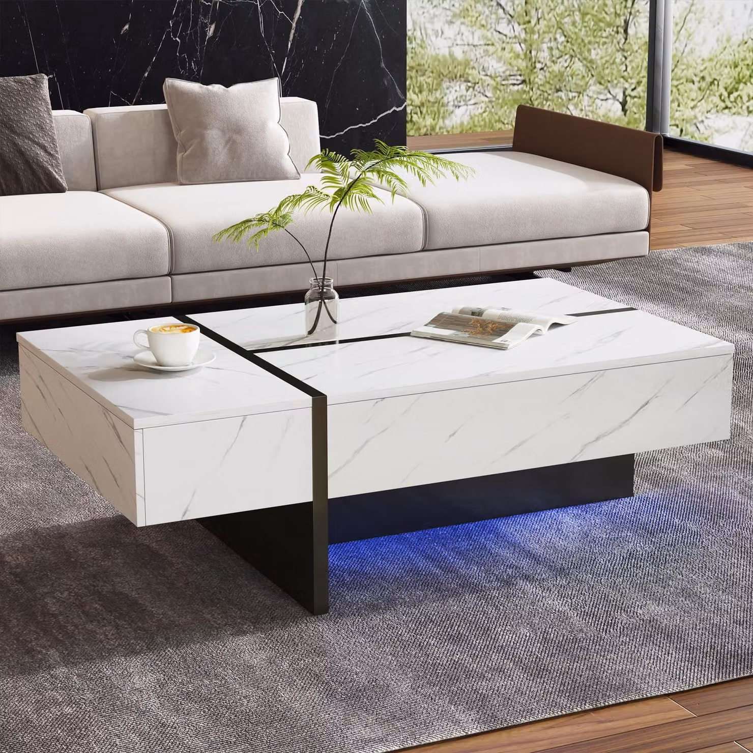 Fortuna Lai Tavolino moderno bianco con illuminazione a LED, motivo marmorizzato, piano lucido - 105*60*35 cm - Design irregolare Tavolino, tavolino, credenza per soggiorno