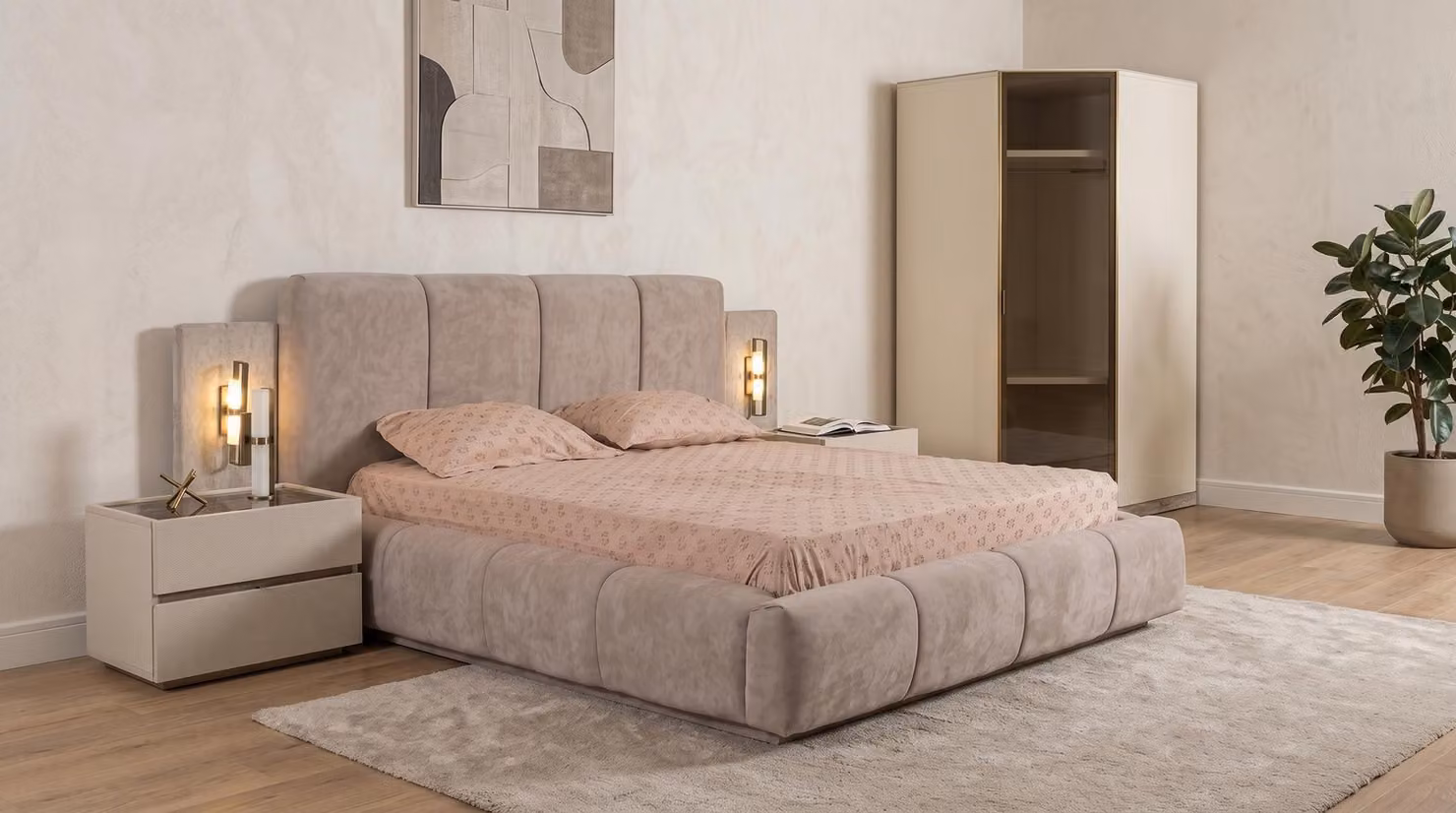 Set per camera da letto moderno, beige, con letto, due comodini e un armadio angolare, di alta qualità