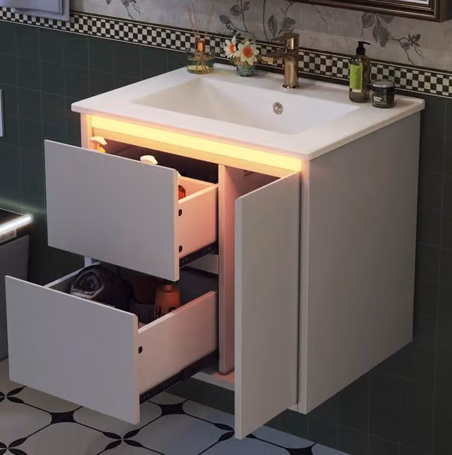 Mobile bagno sospeso bianco 61x46,5x57 cm con lavabo integrato in ceramica e illuminazione LED con sensore