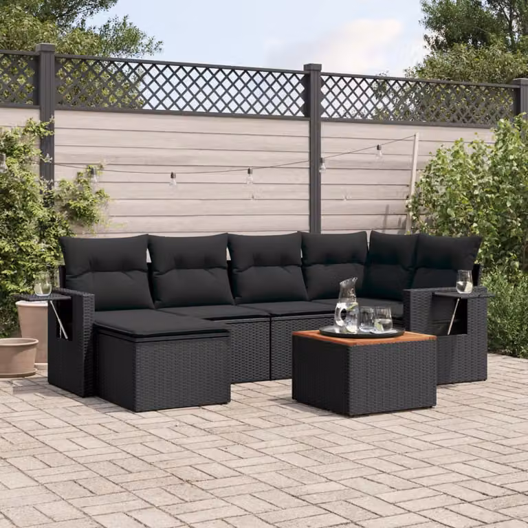 vidaXL Set Divani da Giardino a L con Cuscini 7pz Nero Polyrattan e Legno di Acacia