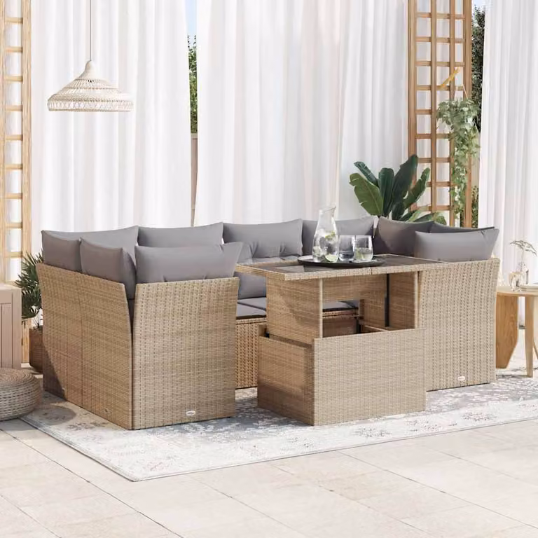 Set Divani da Giardino vidaXL 7 pz a Forma a L con Cuscini Beige e Tavolino da Caffè in Polyrattan e Acciaio