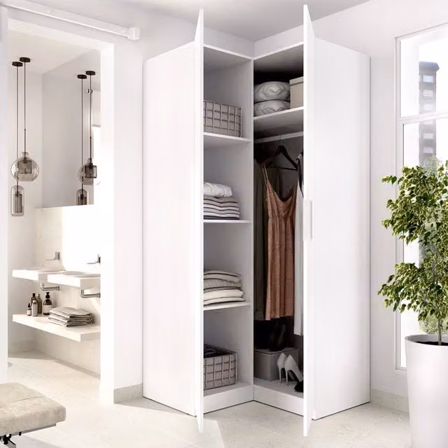 Armadio da camera da letto Luber DMORA Bianco con ante a battente, cassetti interni e appendiabiti, L: 95 cm, H: 204 cm