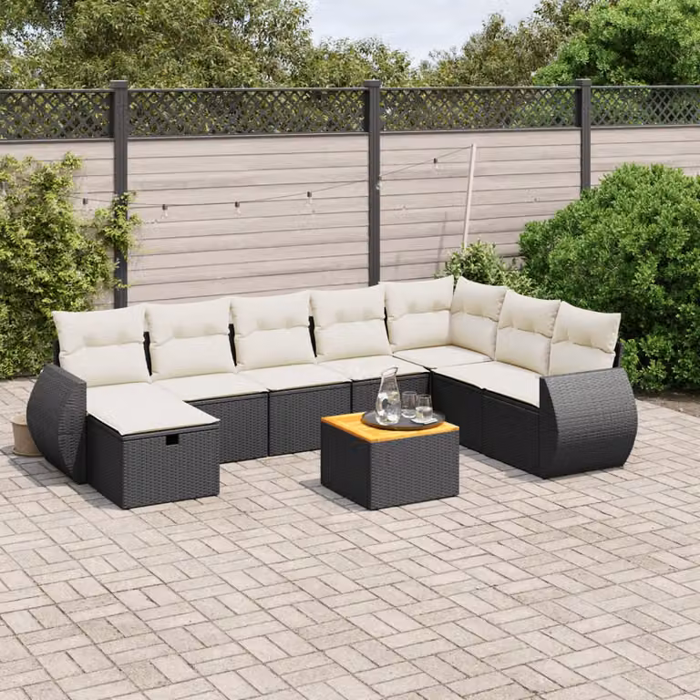 vidaXL Set Divani da Giardino a L 9 pz con Cuscini Nero e Struttura in Acciaio e Polyrattan
