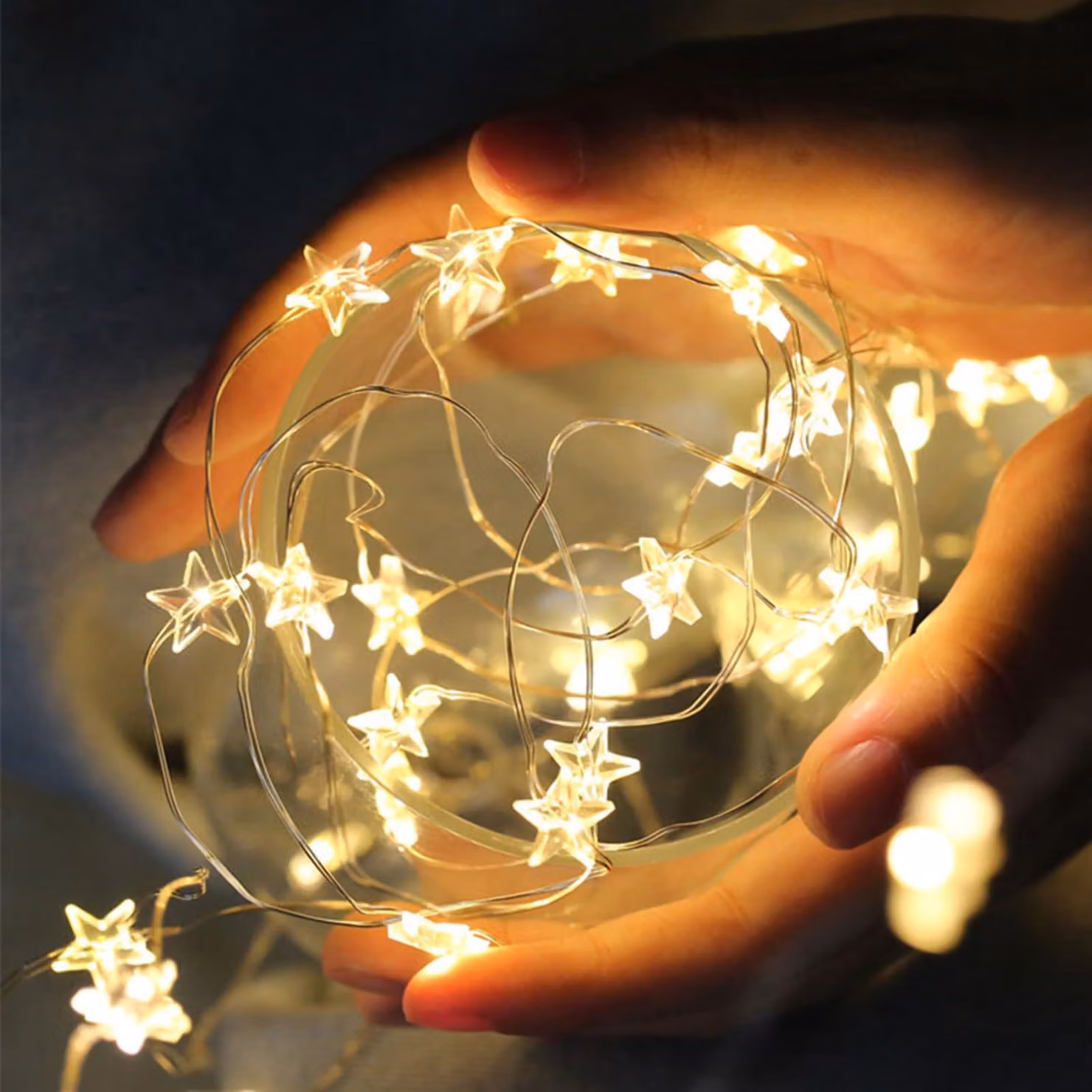 Catena luminosa a LED a forma di stelle, 2 metri, 20 LED bianco caldo, alimentata a batteria