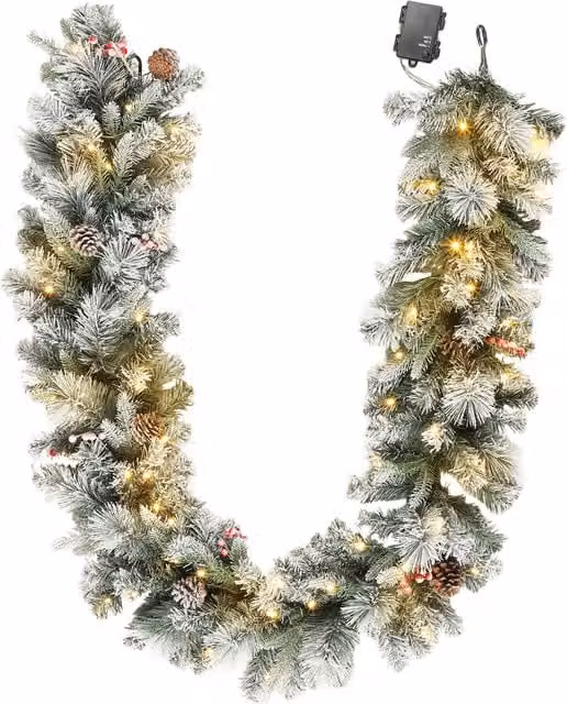 Ghirlanda Natalizia HOMCOM con 50 Luci LED, Bacche e Pigne, Verde e Bianco, Ø 25 x 180 cm