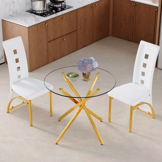 Tavolo da pranzo per 2 persone con piano in vetro temperato e 2 sedie in poliuretano, in metallo, bianco, Ø 88 cm