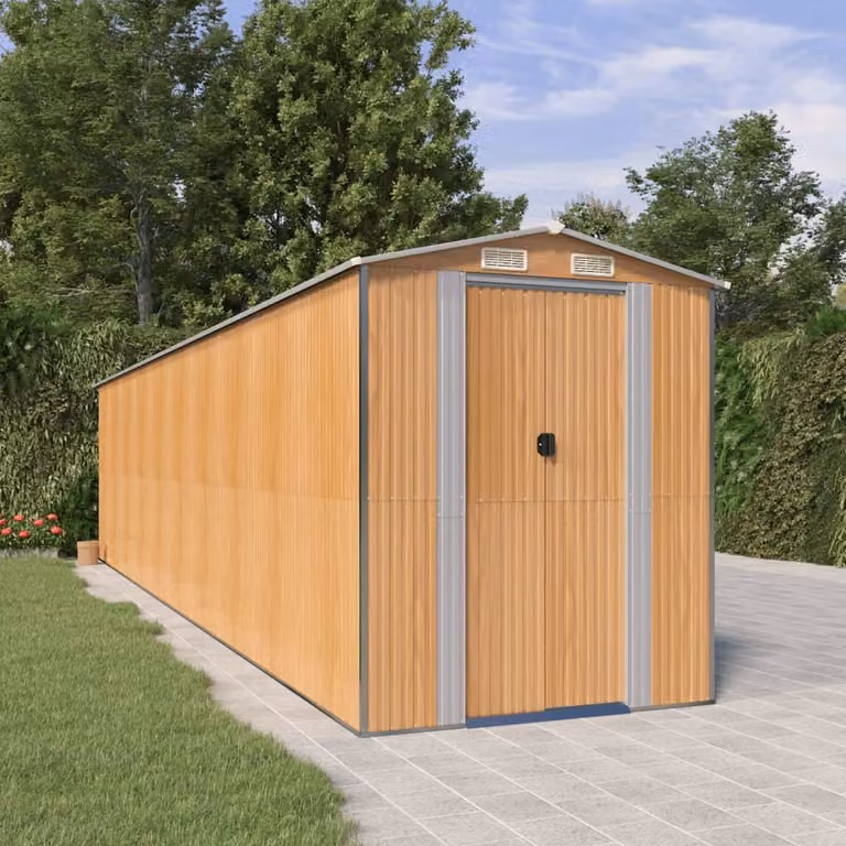 Capanno da giardino vidaXL in acciaio zincato marrone chiaro con porta scorrevole e ventilazione laterale L: 855 cm, P: 192 cm, H: 223 cm