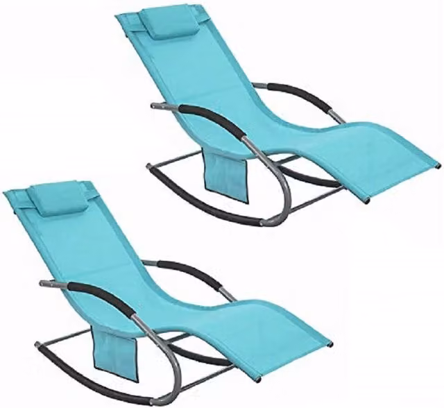 Set di 2 Sdraio a dondolo SoBuy con poggiatesta regolabile in colore turchese, L/P/H: 150 x 63 x 87 cm