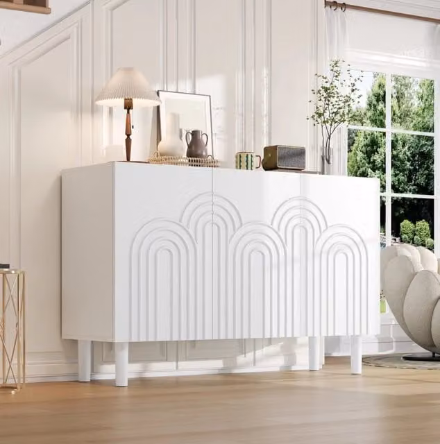 Mobiletto bianco in MDF 120x38,5x79 cm con 3 porte e ripiani regolabili, struttura con piedini da 16 cm
