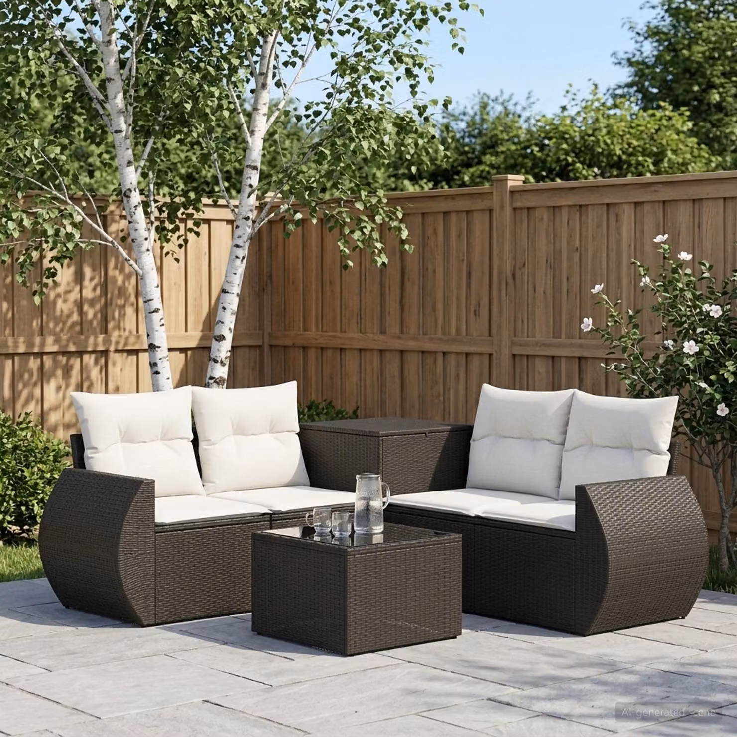 Set di divani da giardino vidaXL in polyrattan con forma a U, 6 pezzi, nero, bianco e beige, con tavolo da caffè e cuscini inclusi
