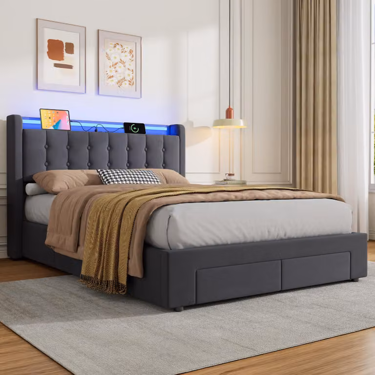 okwish Letto imbottito 140×190 con illuminazione a LED e prese elettriche, letto matrimoniale con prese elettriche e testiera contenitiva, grigio, materasso escluso