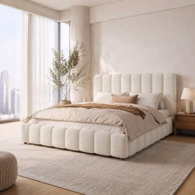 Letto imbottito 180x200 cm con contenitore idraulico in bouclé bianco