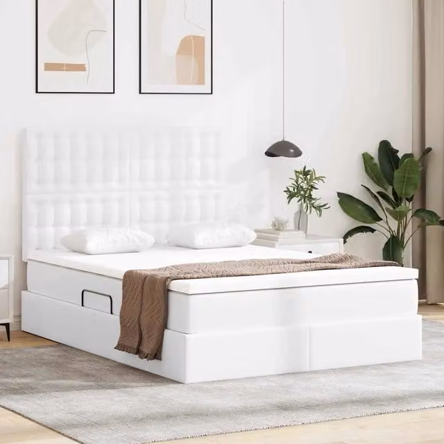 Letto con contenitore vidaXL in ecopelle bianca con illuminazione LED e porta USB L/P/H: 140 x 190 x 144 cm