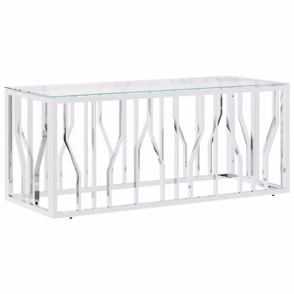 Tavolino da salotto rettangolare moderno vidaXL in vetro trasparente e metallo argento L 110 x P 45 x H 45 cm – 2