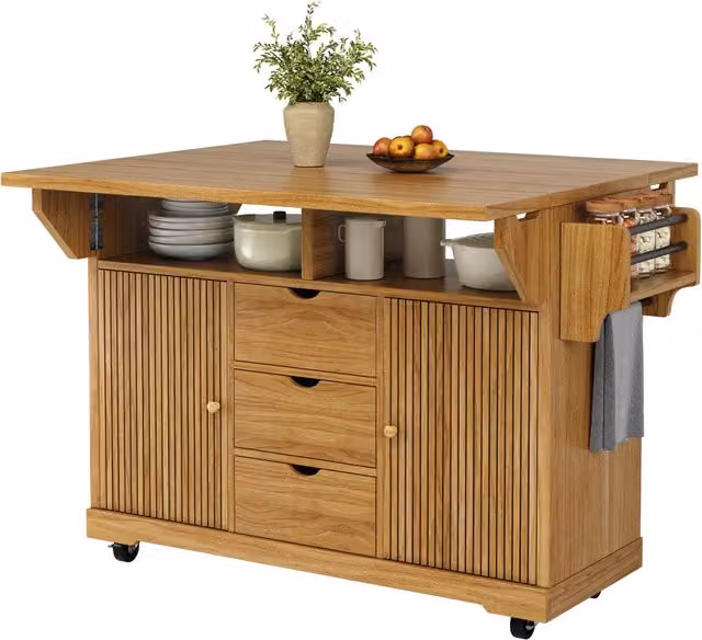 Carrello da cucina con 3 cassetti, ripiani regolabili e piani ribaltabili, ruote con freno, in MDF marrone scuro