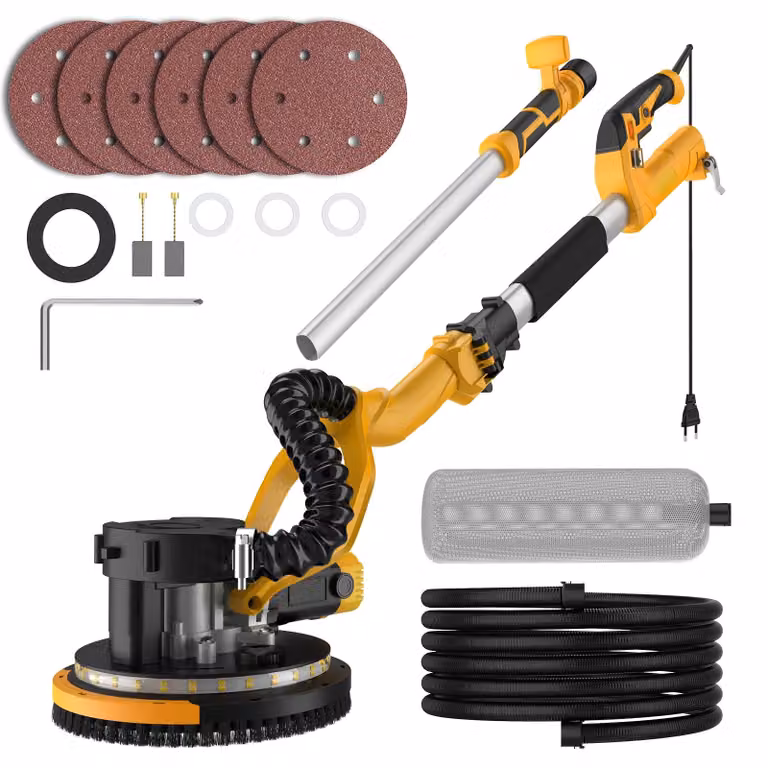 Levigatrice a muro per cartongesso, 880 W, disco abrasivo da 22 cm, aspirazione integrata, illuminazione a LED, manico lungo, alimentazione a corrente