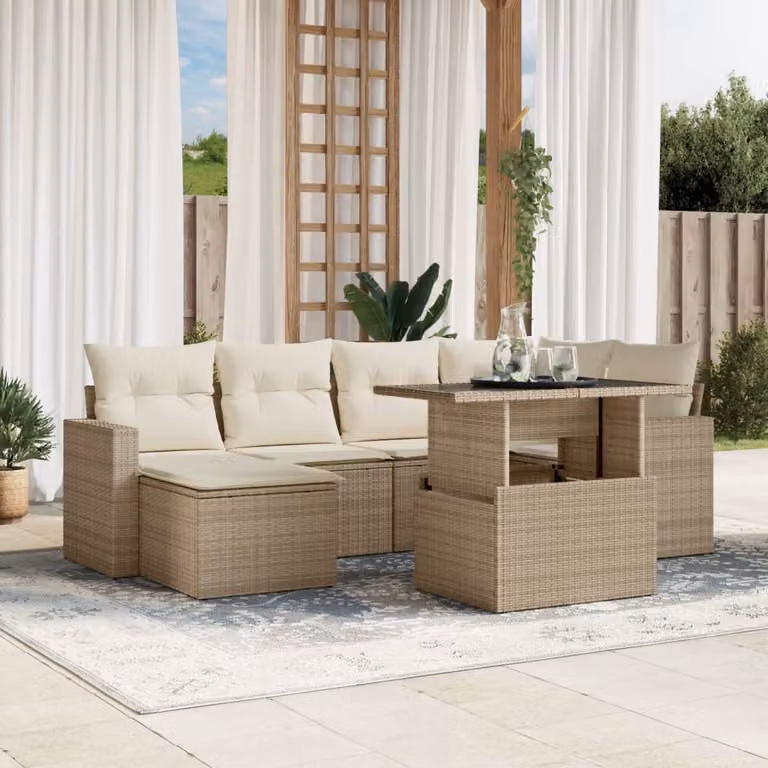 Set di divani da giardino vidaXL 7 pz a forma di L con cuscini beige e tavolino in vetro