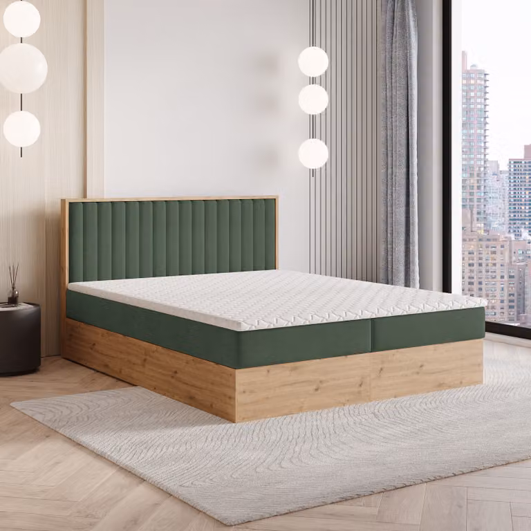 Letto a molle Masseno VARELI 140x200 cm completo di materasso e topper Bonell, letto imbottito con cassettiera -Verde, SORO 72