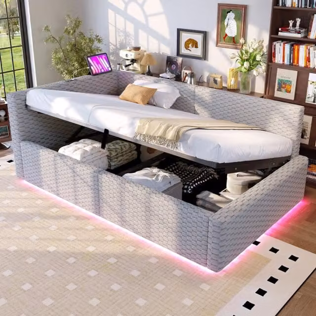 Letto singolo imbottito 90 × 200 cm con vano contenitore LED USB e porta Type-C in velluto grigio